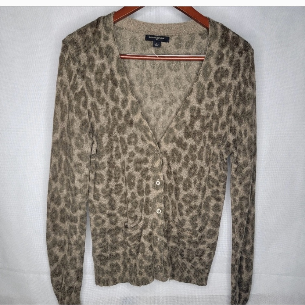 Banana Republic Factory Cardigan Sweater Tan Brown Leopard Wool Blend Pockets XL